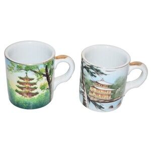 Vtg‎ KUTANI Hand Painted Mug Coffee Cup Pagoda set of 2 Japan Estate Find